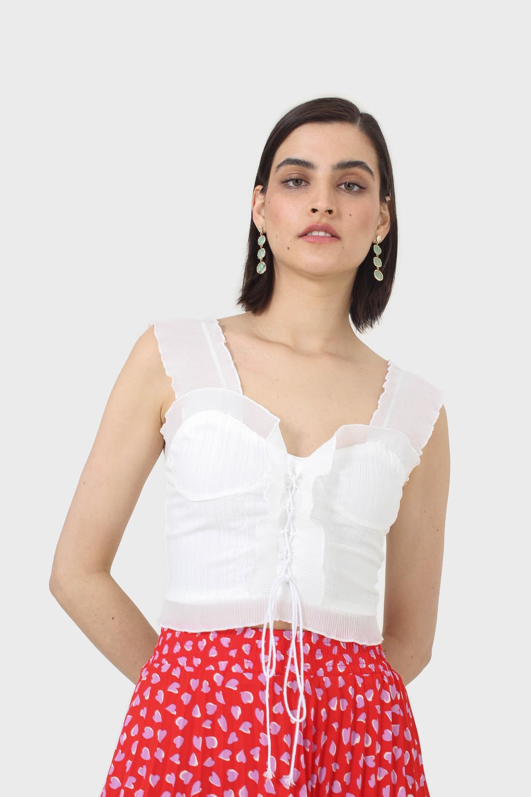 White chiffon trim lace up front tank top_6