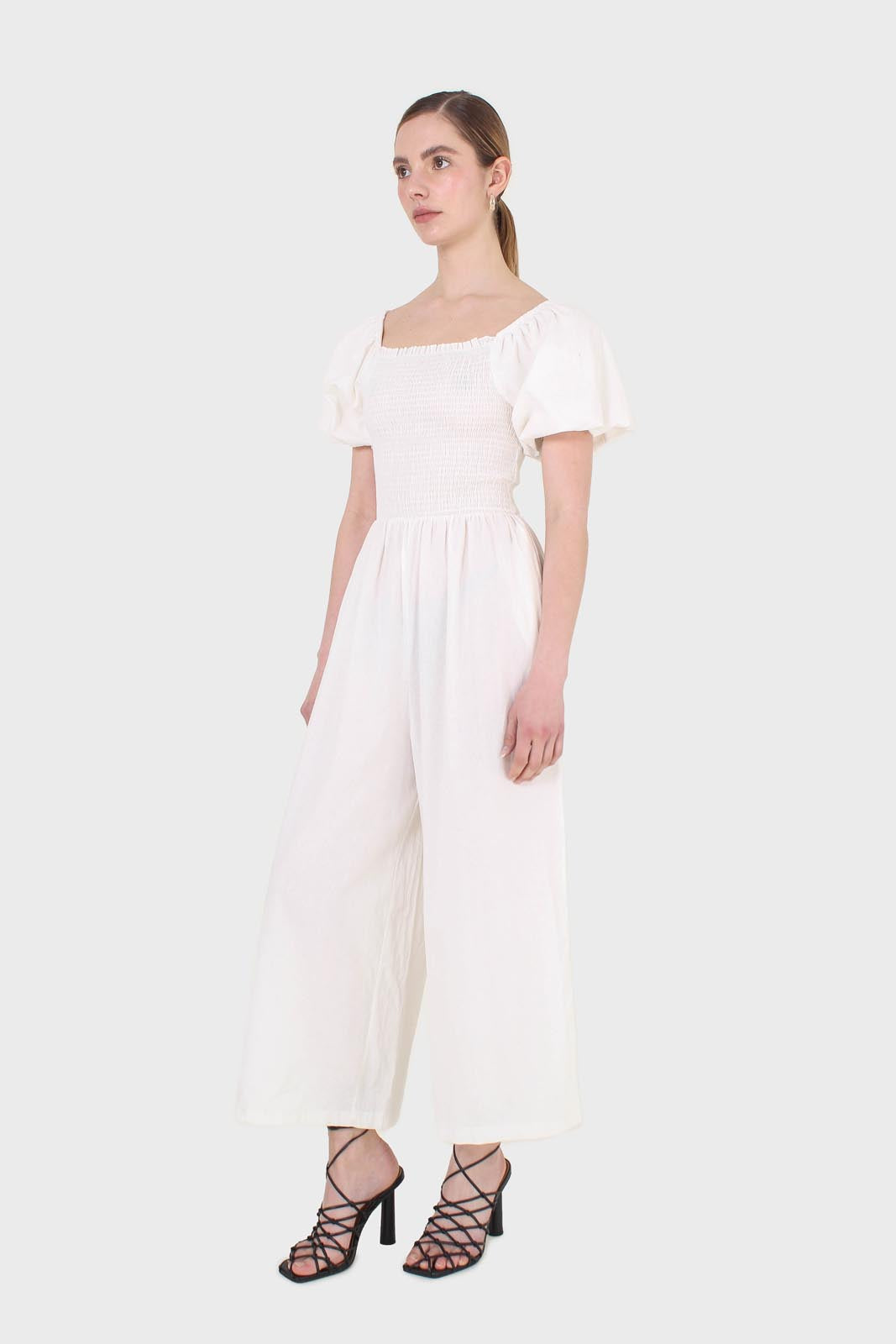 White short sleeved ruched bodice jumpsuit_3