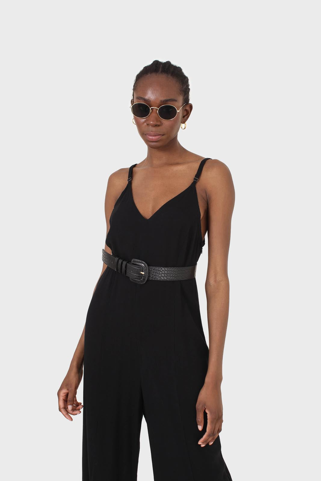 Black deep V spaghetti strap jumpsuit_5