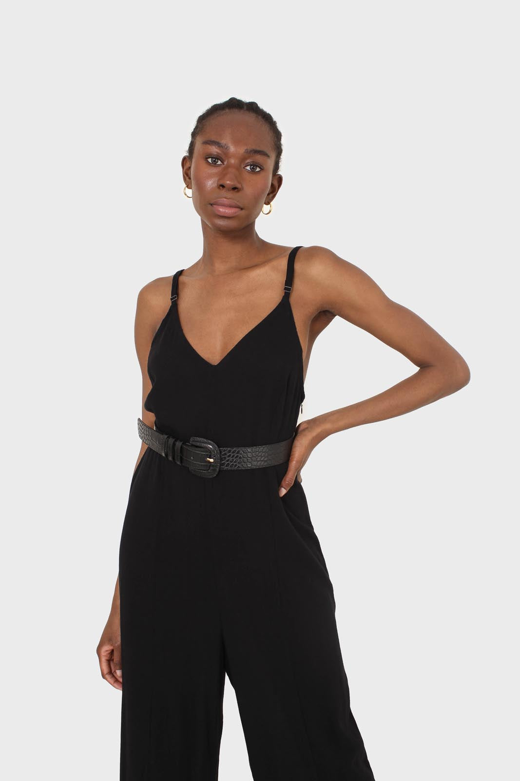 Black deep V spaghetti strap jumpsuit_7