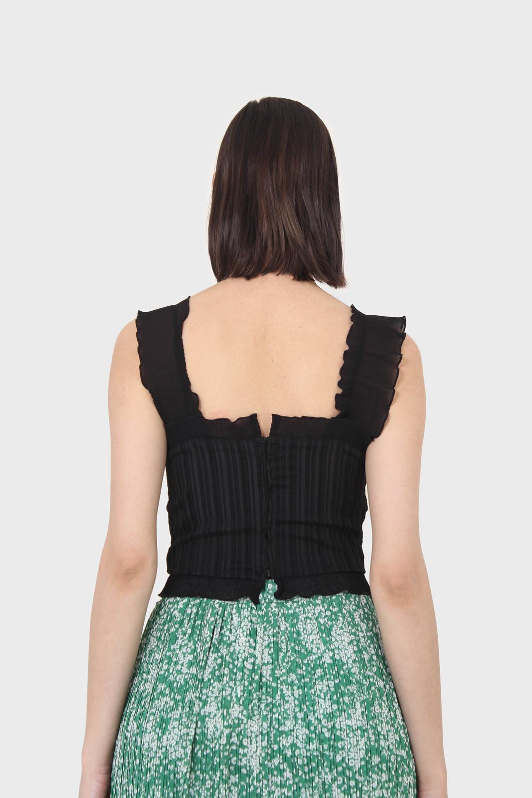 Black chiffon trim lace up front tank top_2