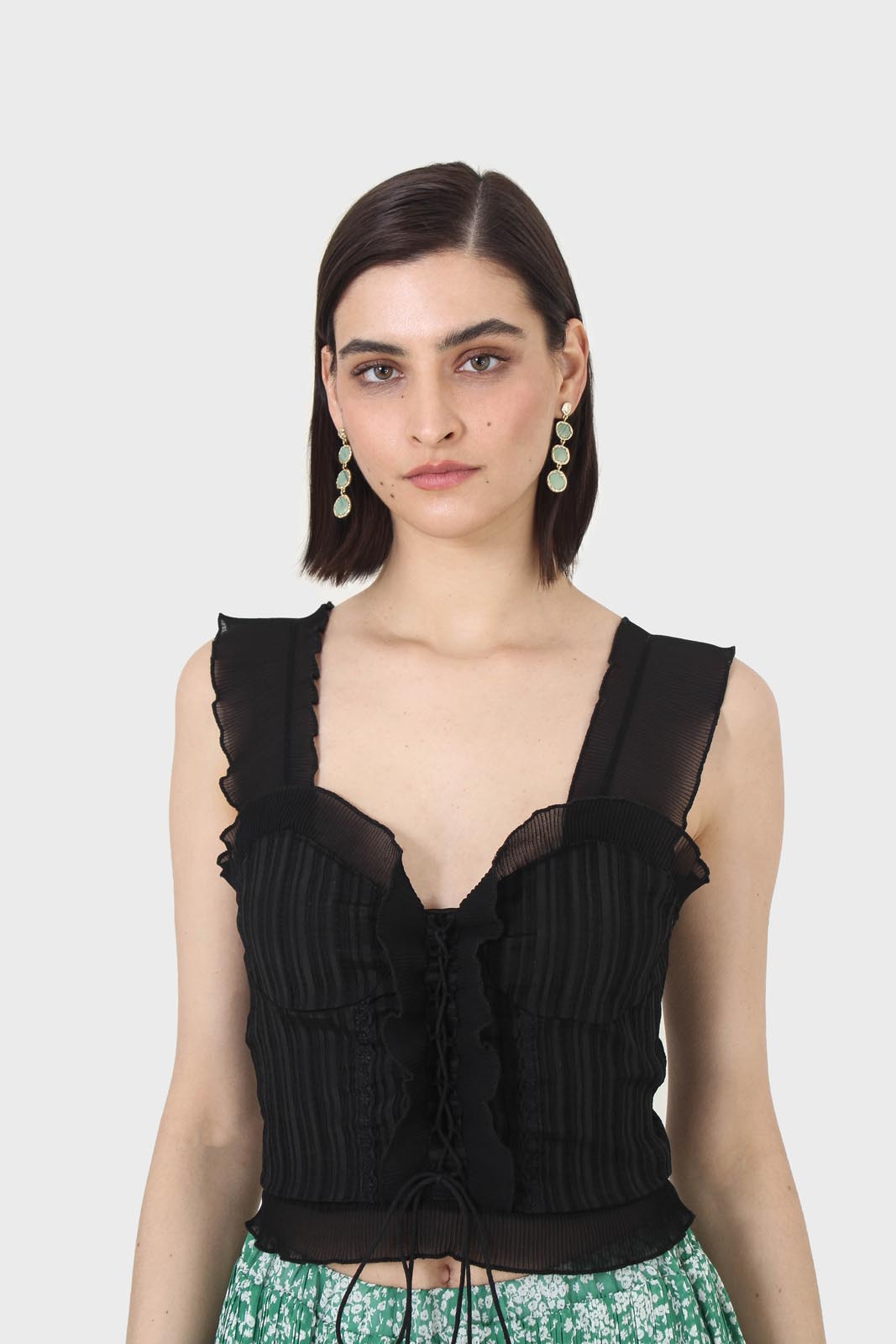 Black chiffon trim lace up front tank top_1