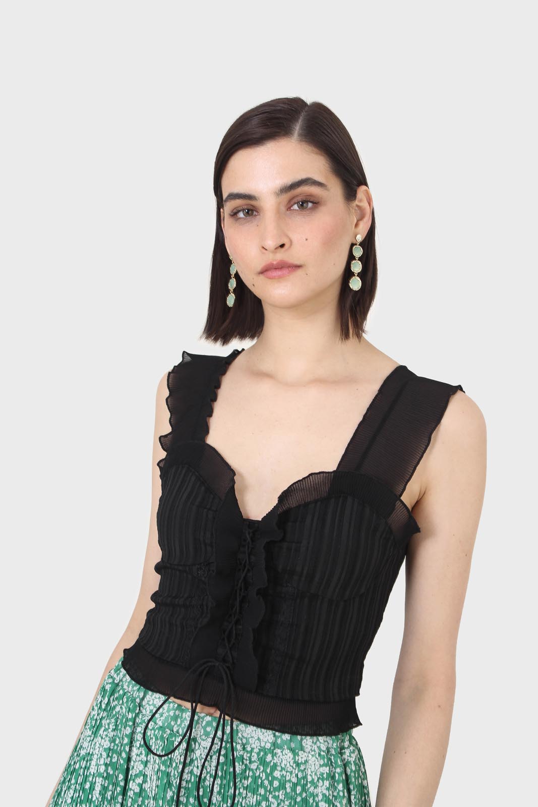 Black chiffon trim lace up front tank top_6