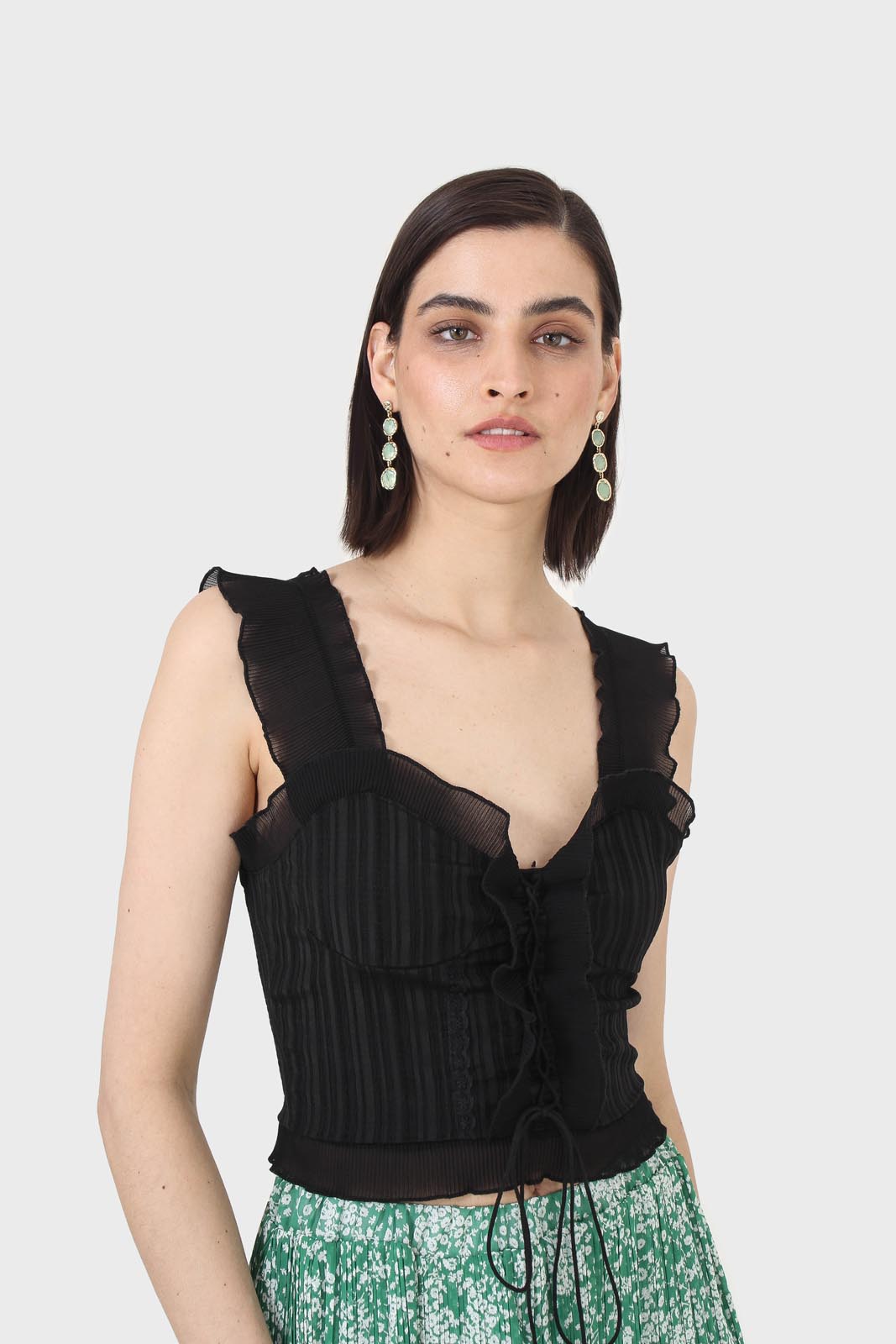 Black chiffon trim lace up front tank top_3