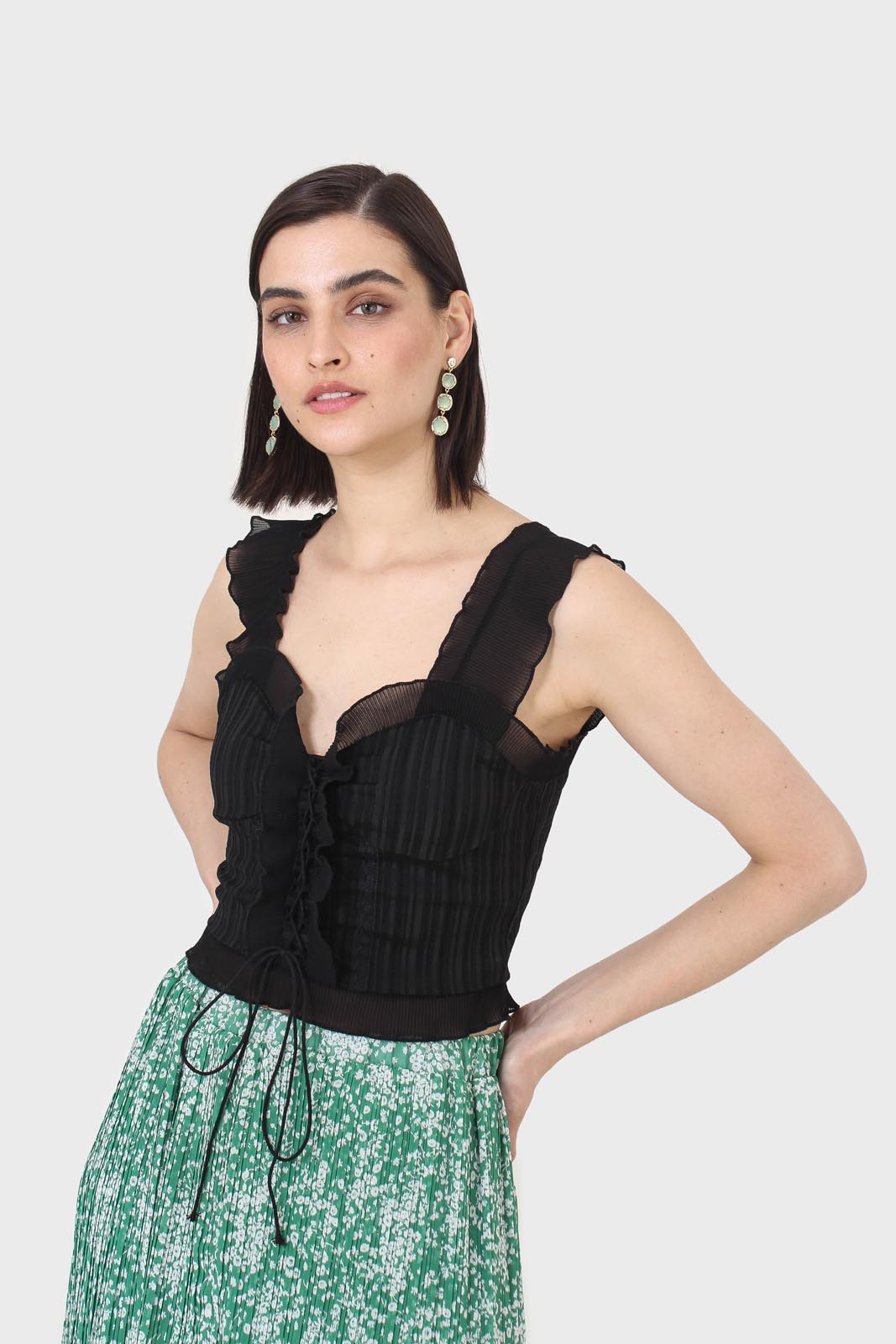 Black chiffon trim lace up front tank top_7