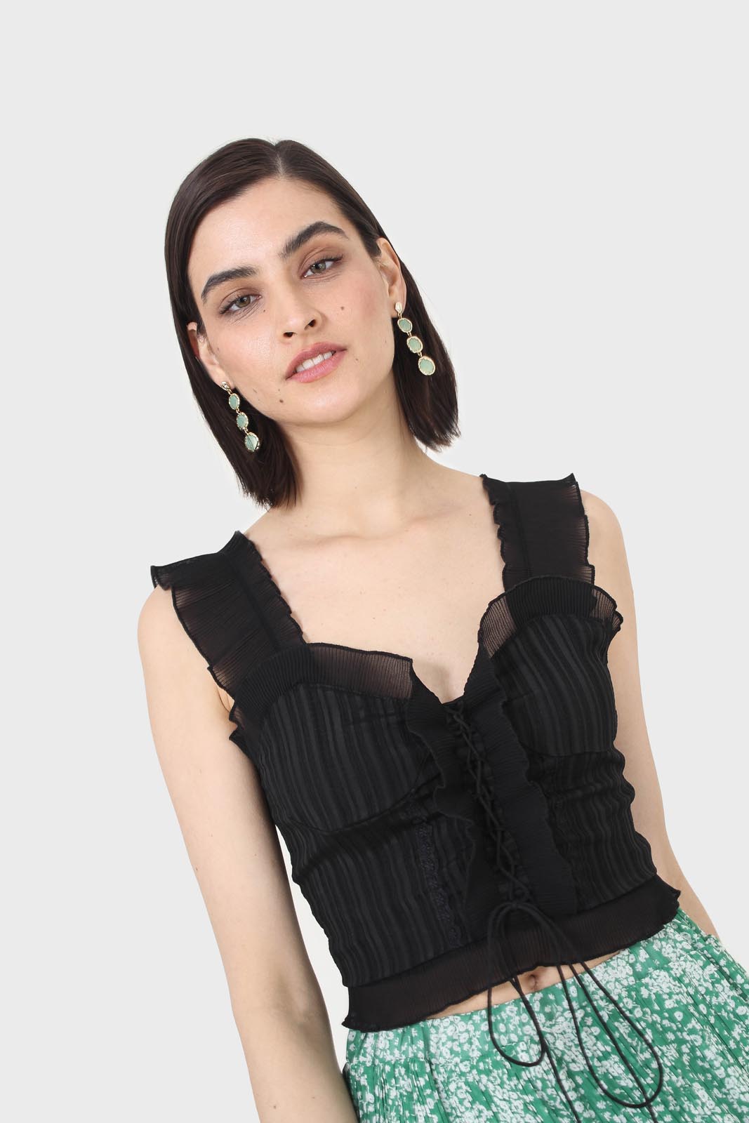 Black chiffon trim lace up front tank top_4