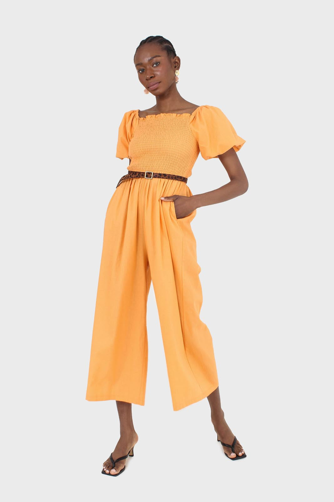 Orange short sleeved ruched bodice jumpsuit_1