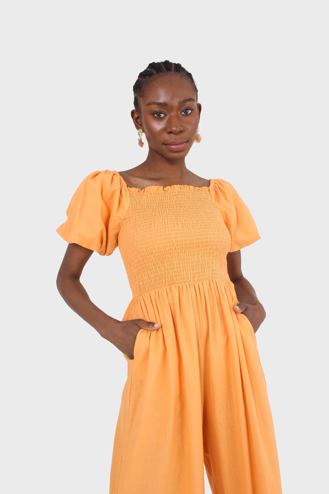 Orange short sleeved ruched bodice jumpsuit_8