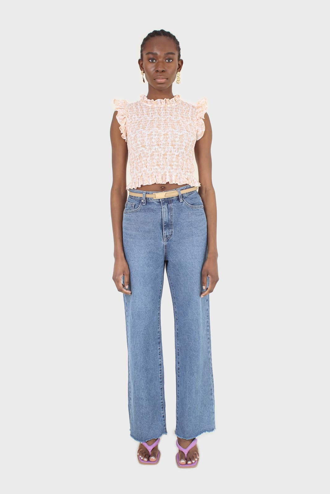 Ivory and bright orange floral print ruched tank_7