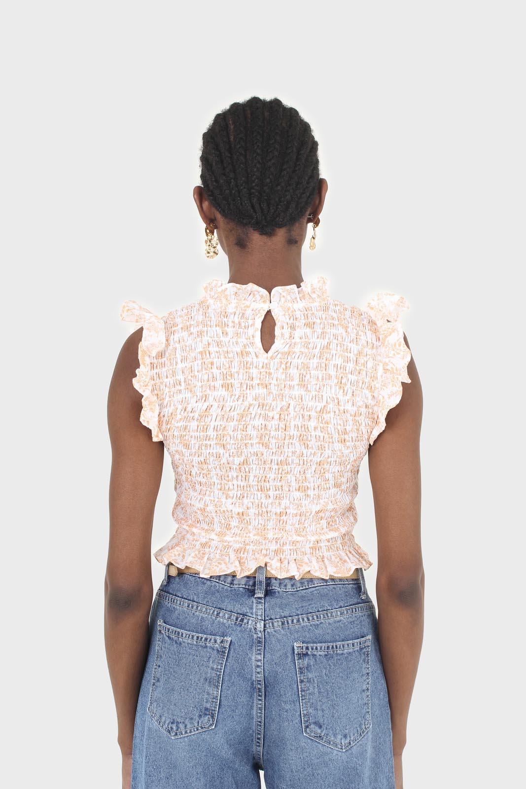 Ivory and bright orange floral print ruched tank_2