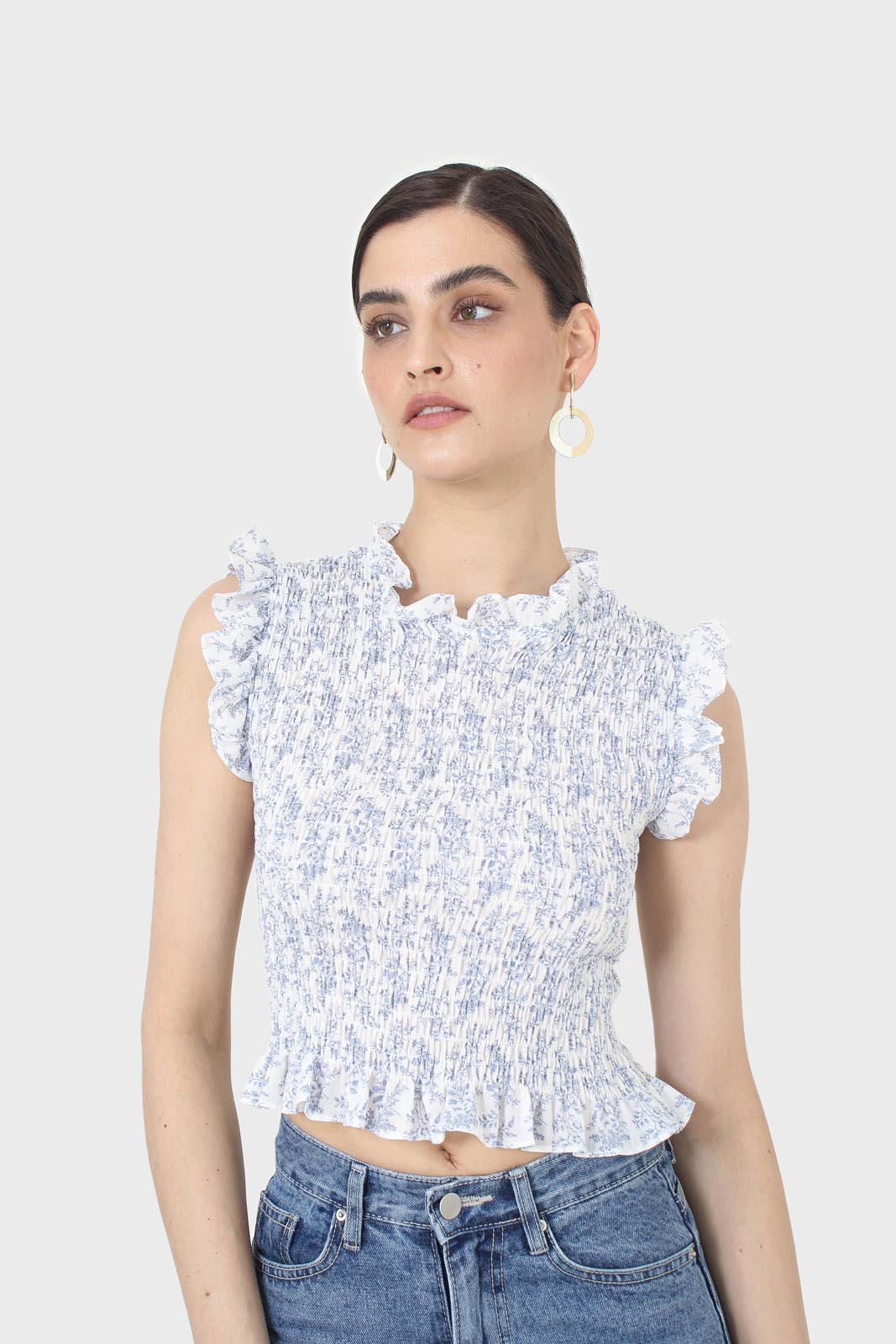 Ivory and blue floral print ruched tank_6