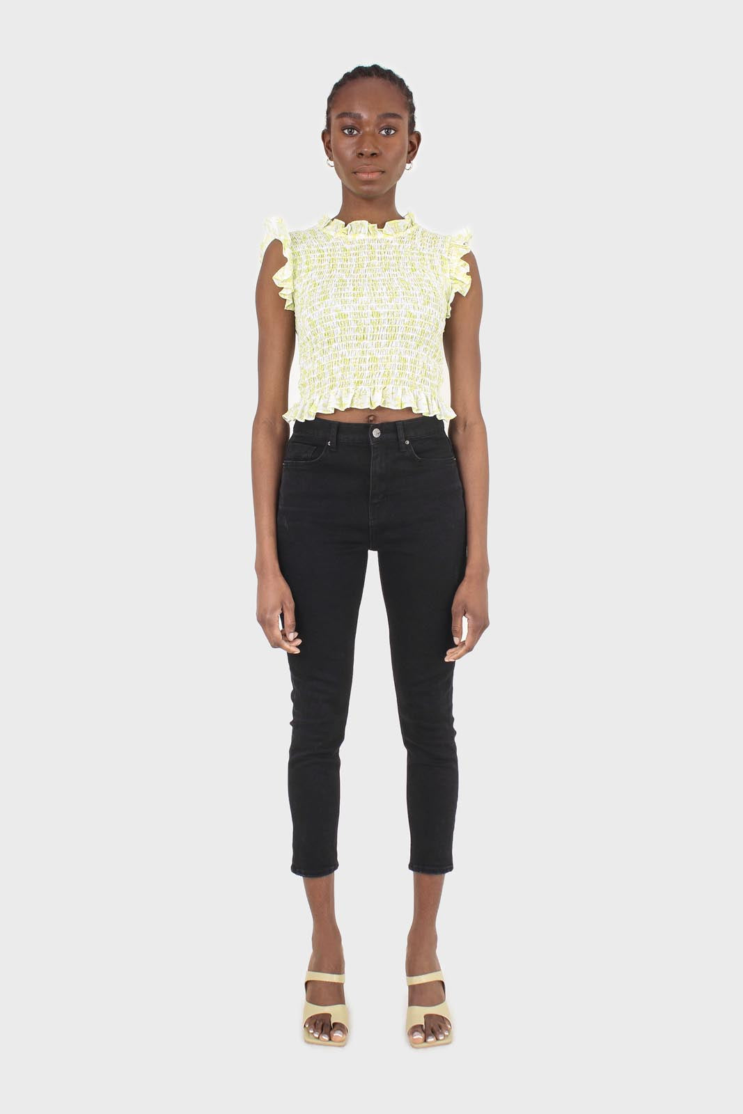 Ivory and bright green floral print ruched tank_3