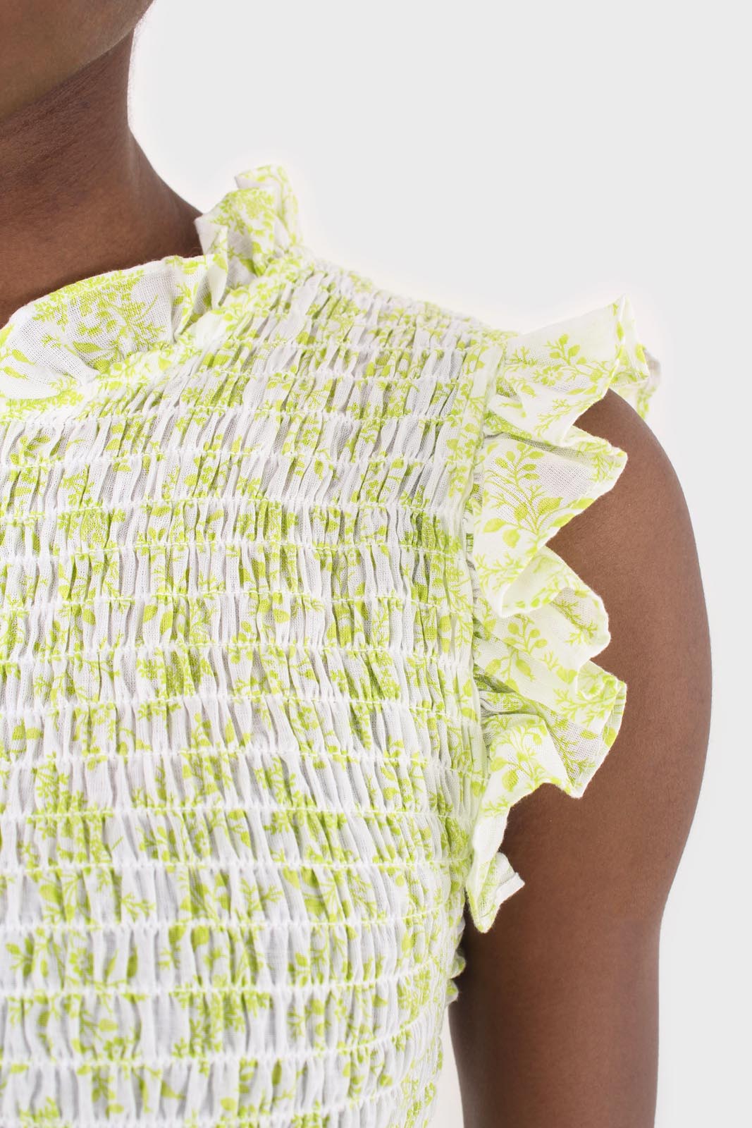 Ivory and bright green floral print ruched tank_2