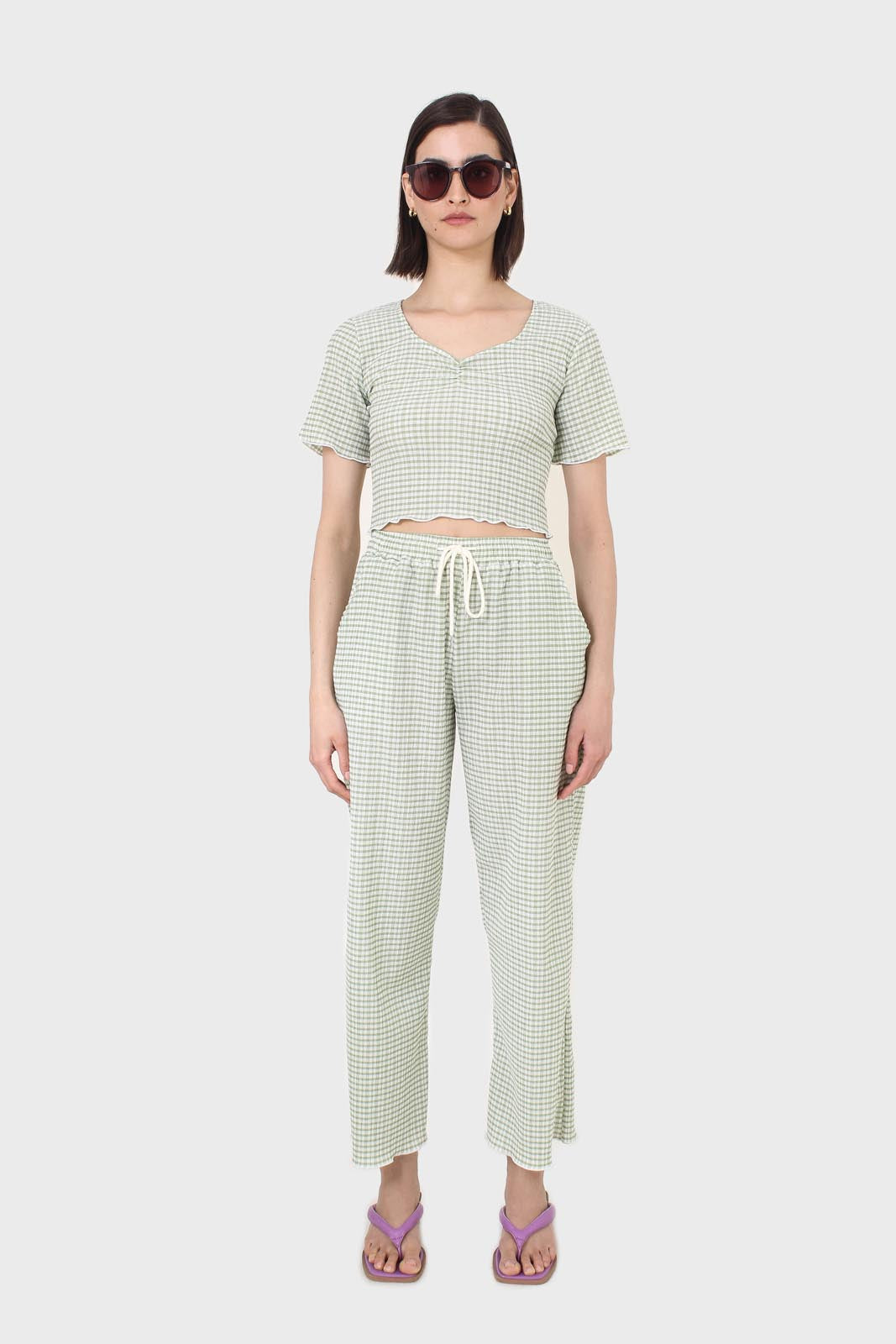 Green gingham loose fit drawstring trousers_2