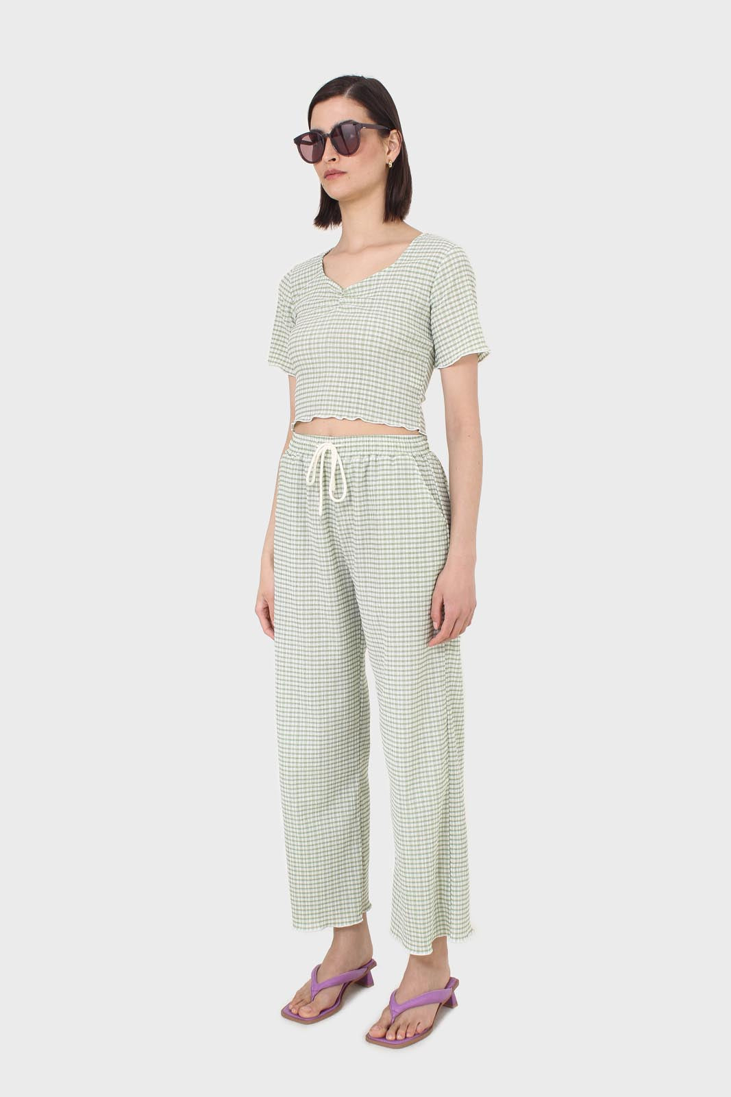 Green gingham loose fit drawstring trousers_5