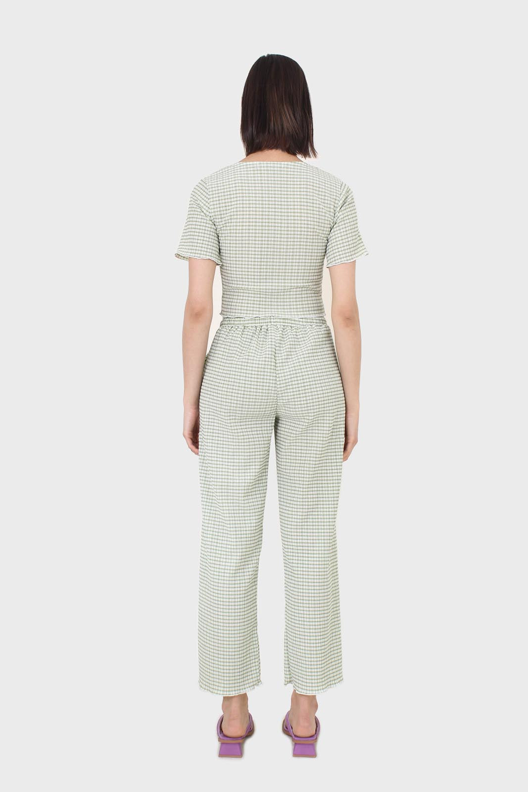 Green gingham loose fit drawstring trousers_7
