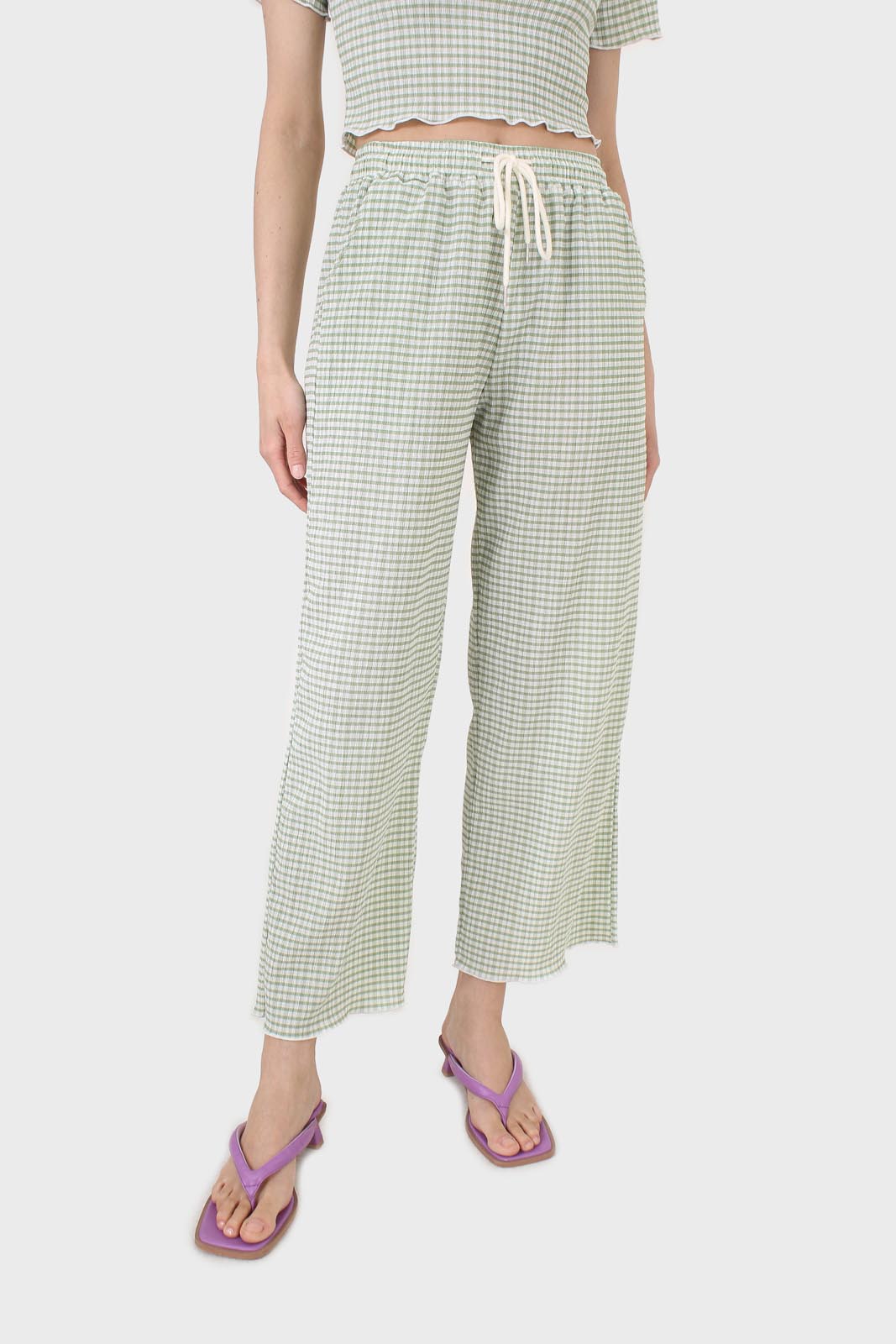 Green gingham loose fit drawstring trousers_1