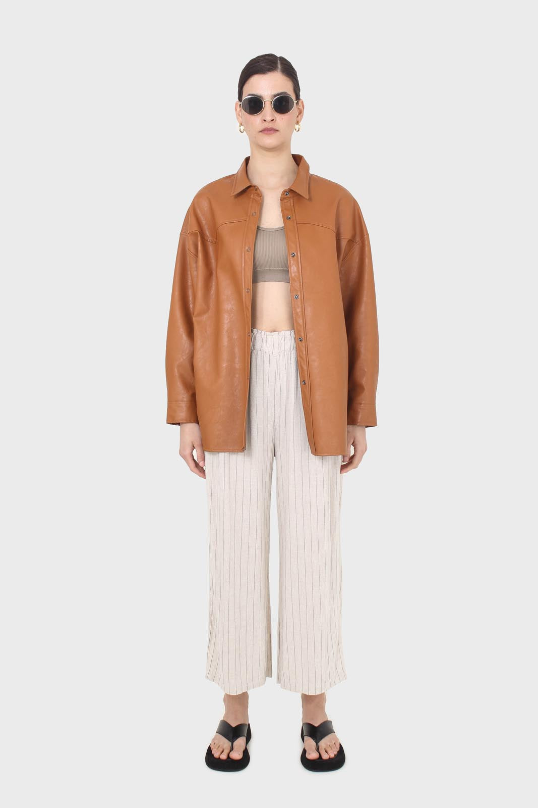 Pale beige pinstripe linen blend side slit trousers_3