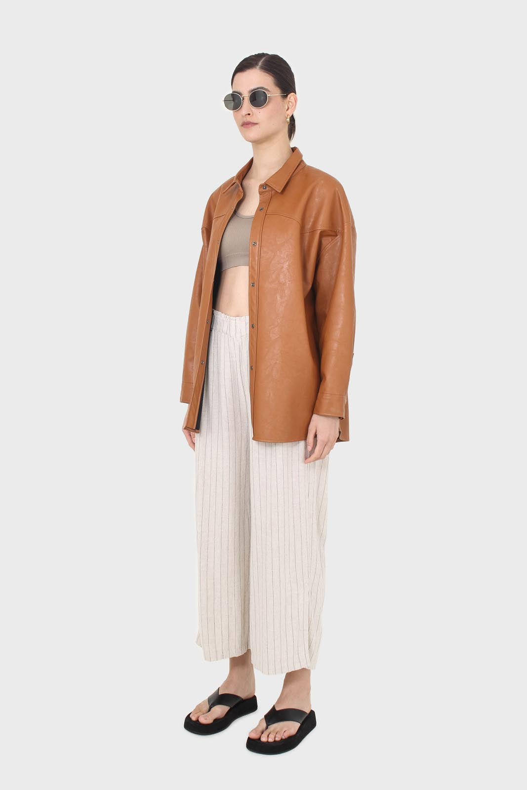 Pale beige pinstripe linen blend side slit trousers_4