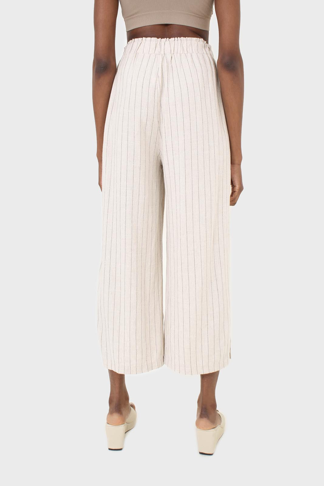 Pale beige pinstripe linen blend side slit trousers_2