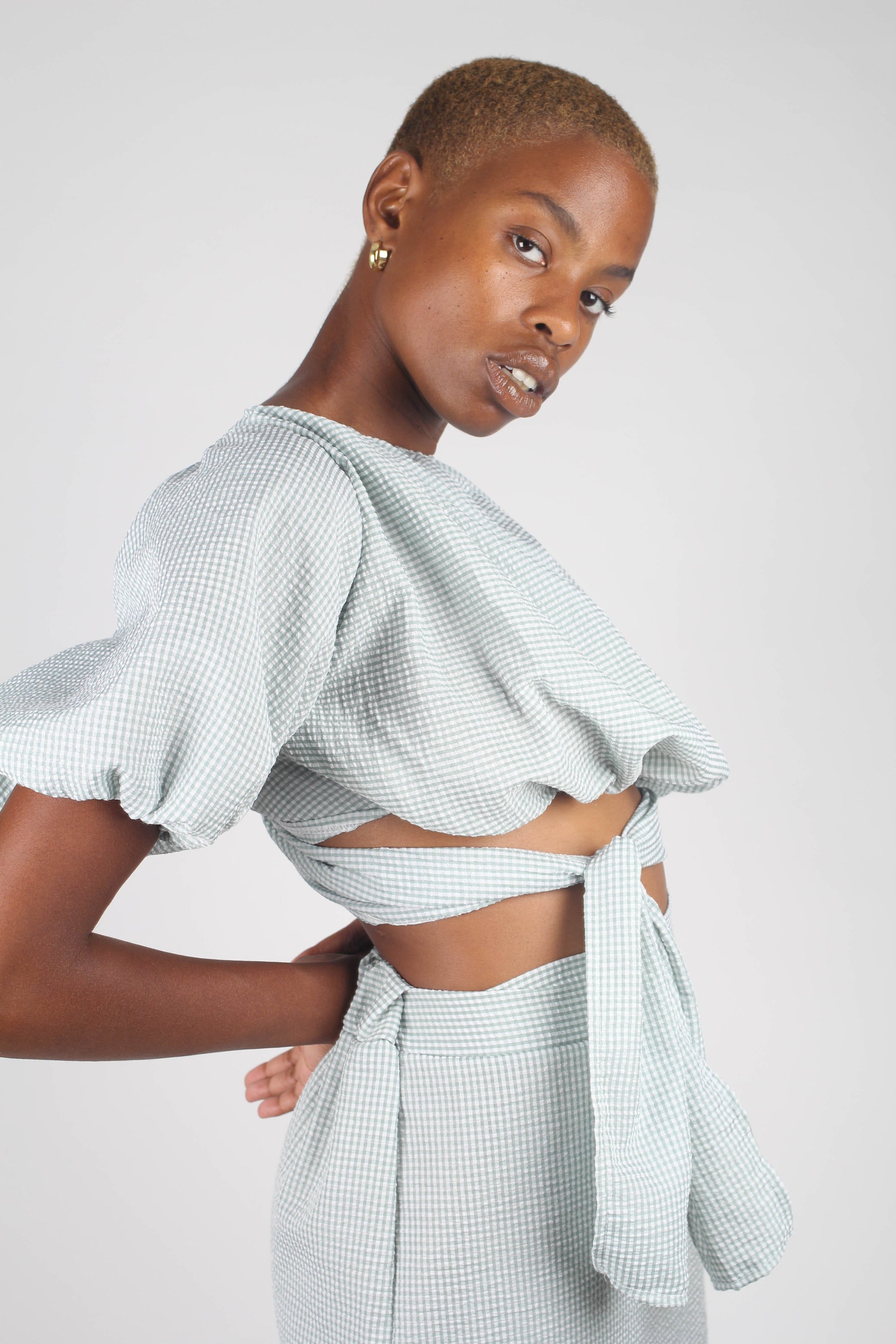 Khaki gingham off shoulder wrap top - set_1