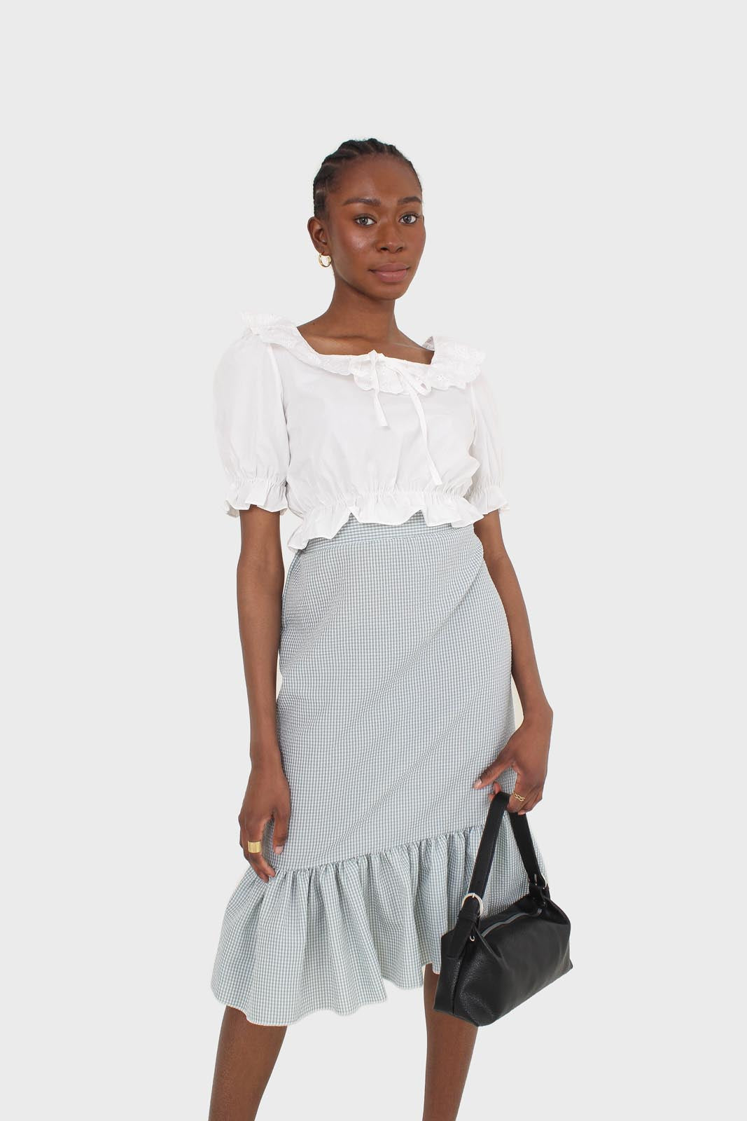 Khaki gingham ruffle tier midi skirt - set_6