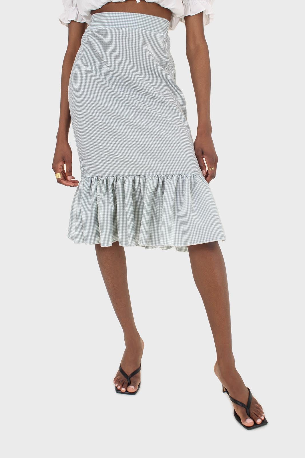 Khaki gingham ruffle tier midi skirt - set_2