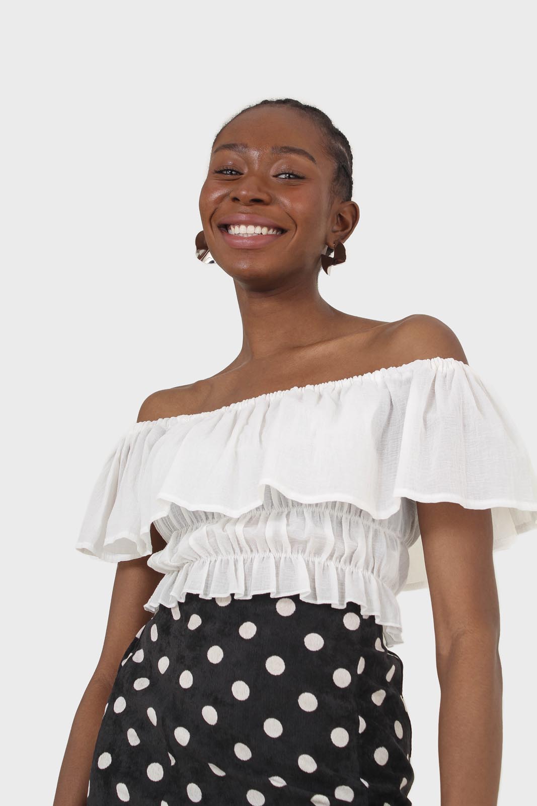 Ivory off shoulder large tier peasant top_1