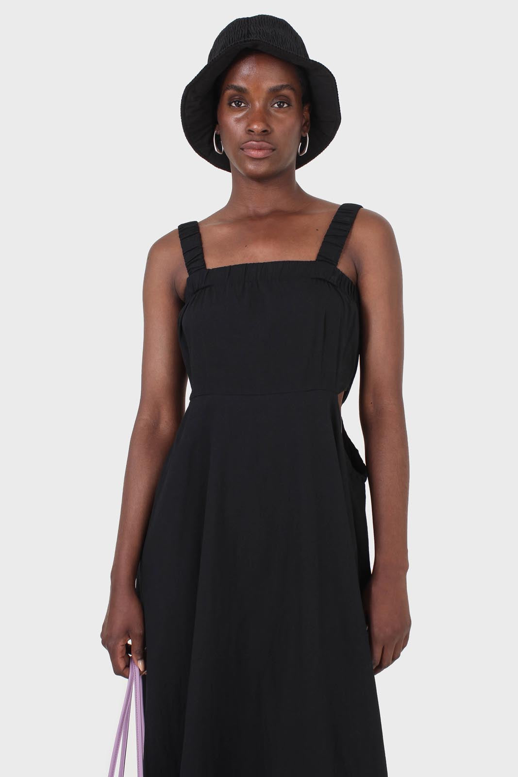 Black open back ruched strap maxi dress_3