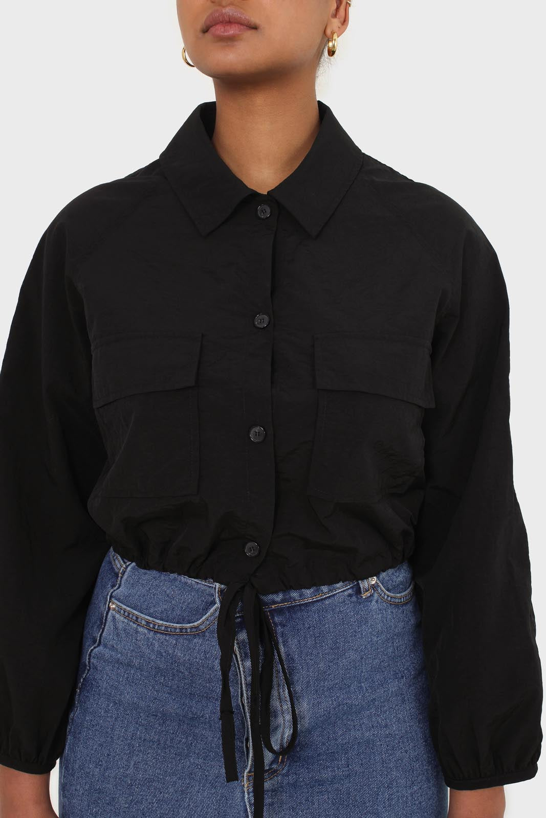 Black drawstring hem shirt jacket_2
