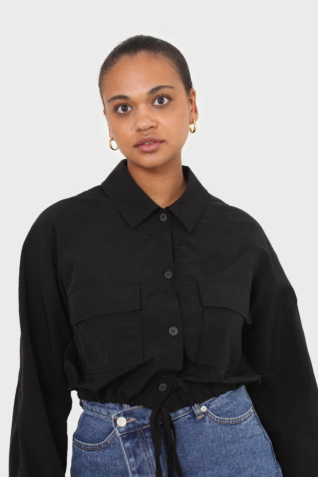 Black drawstring hem shirt jacket_1