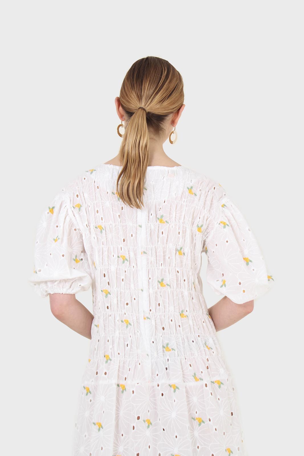 Ivory and yellow embroidered floral lace dress_5