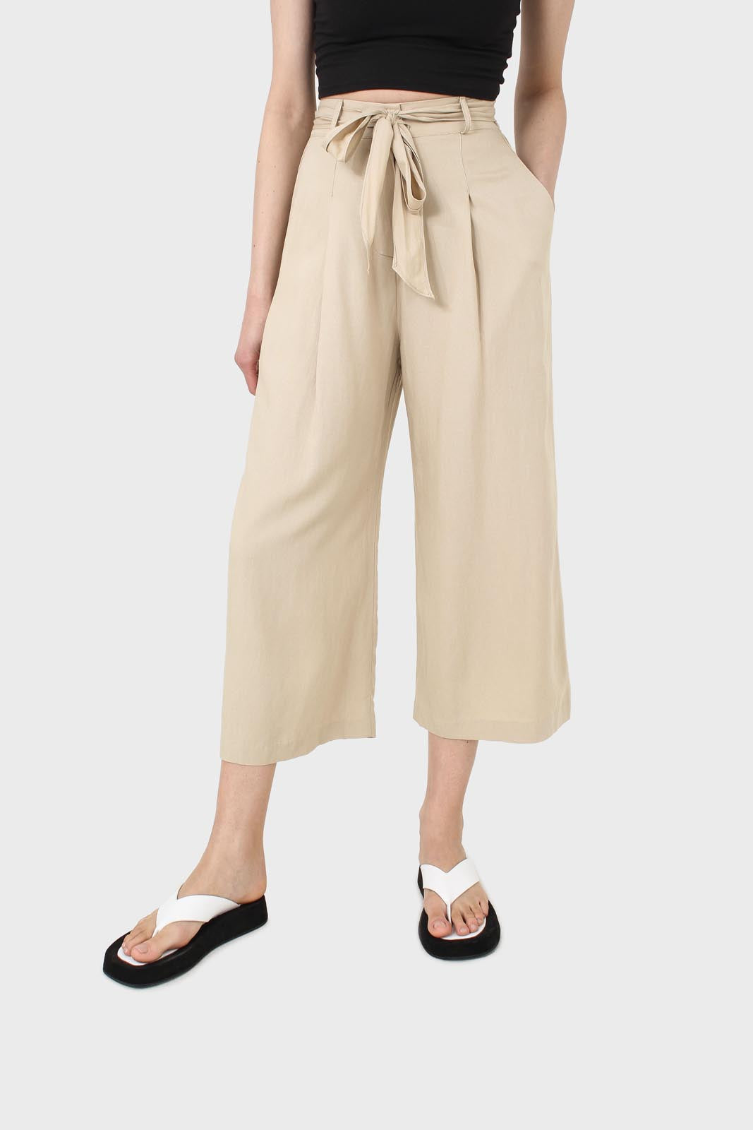 Beige soft tie waist wide leg trousers_1