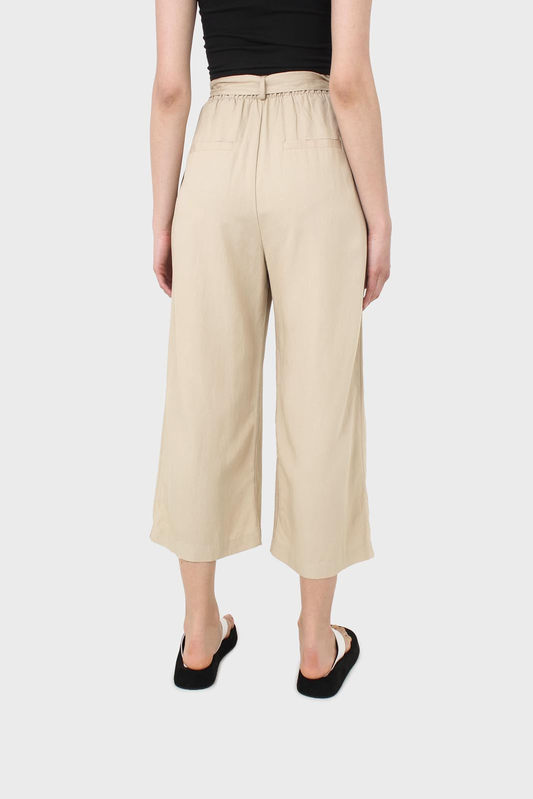 Beige soft tie waist wide leg trousers_2