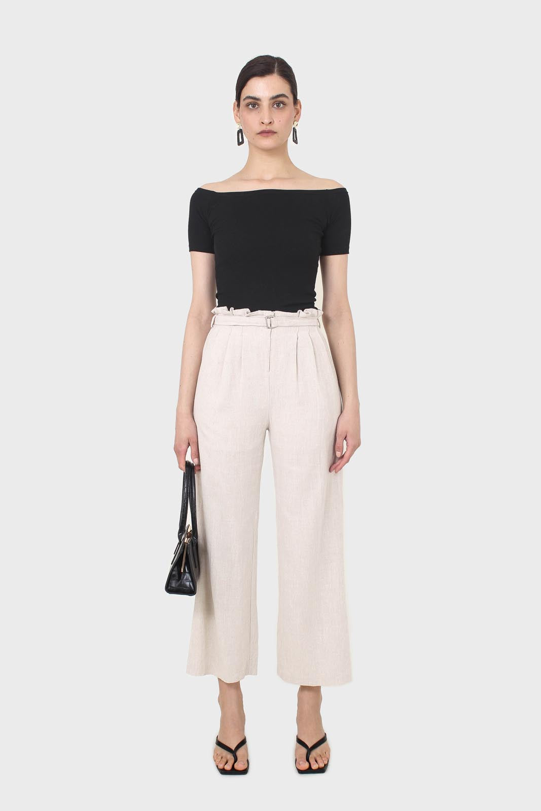 Oatmeal linen belted loose fit trousers_7