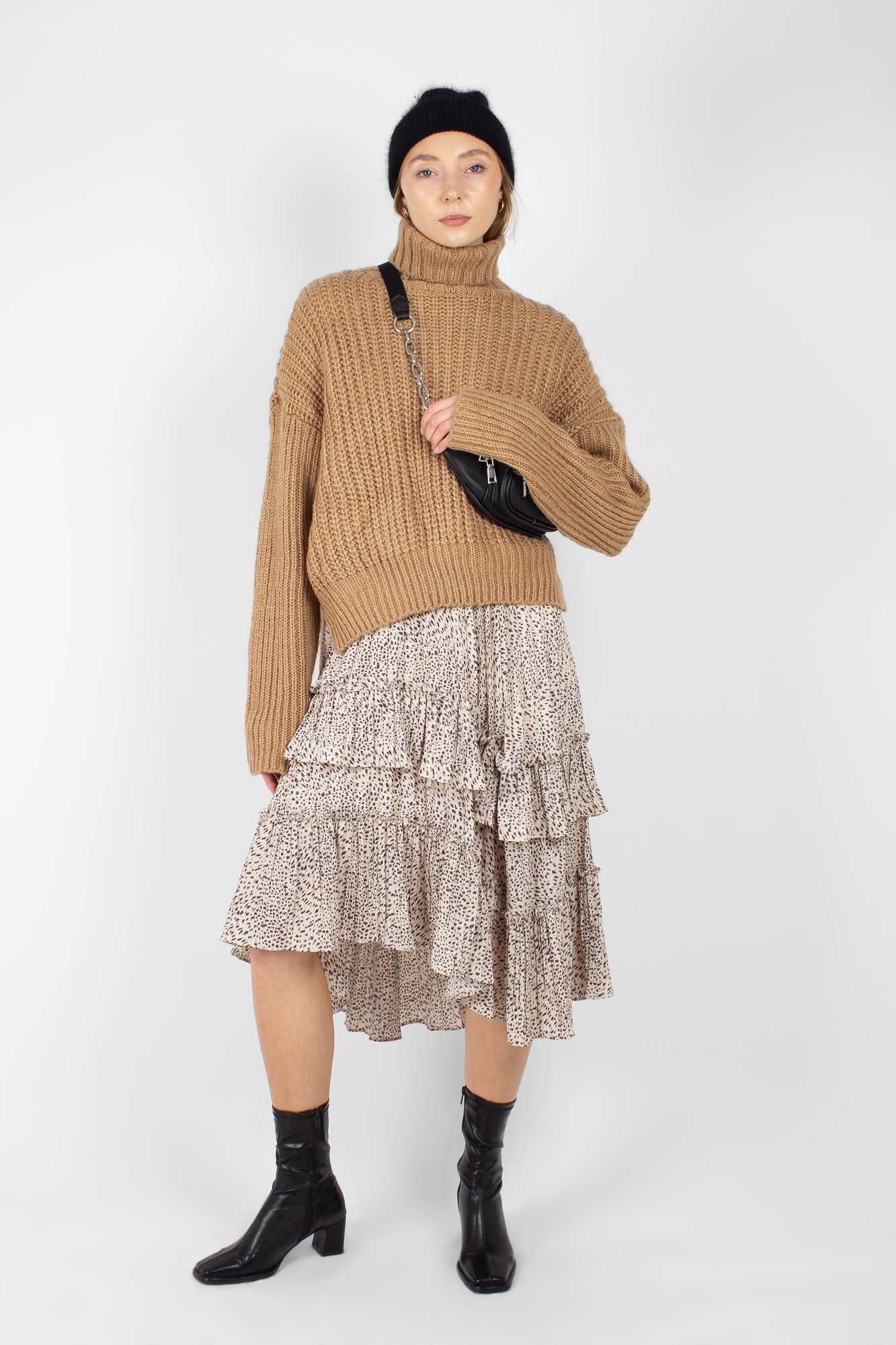 Beige leopard print multi tier midi skirt_2