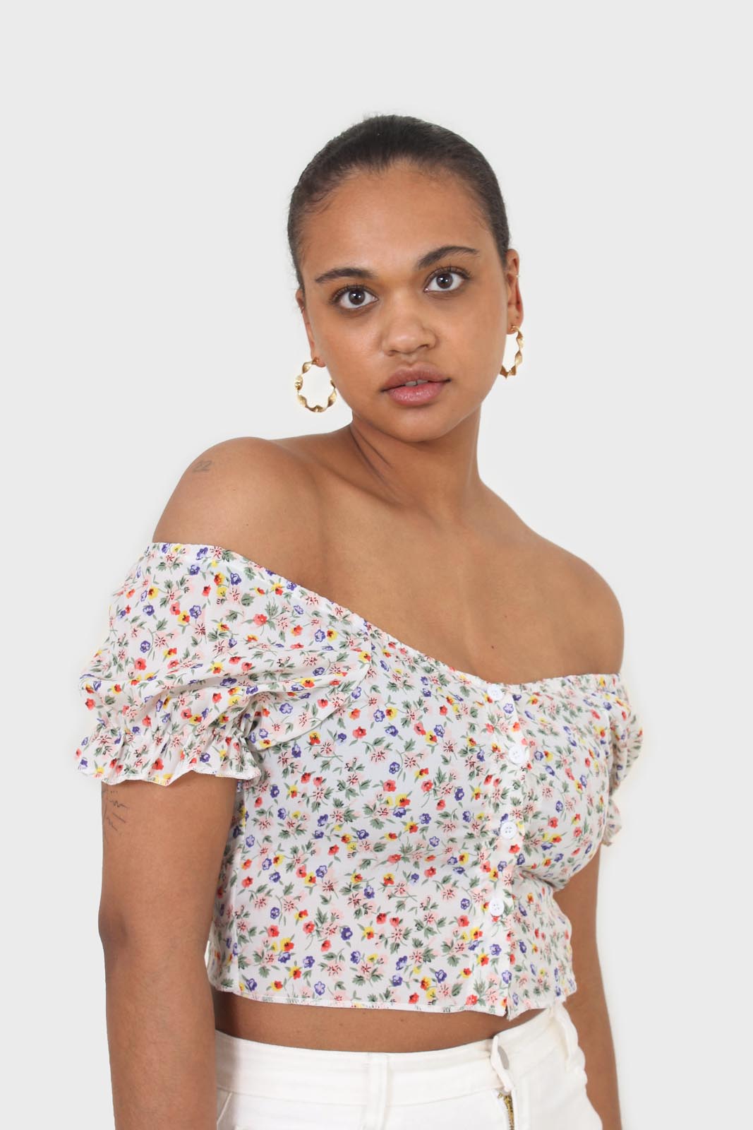 Ivory floral print cropped top_1