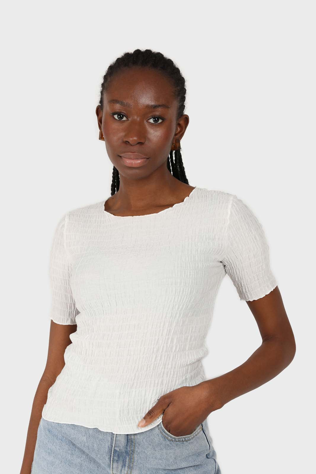 White smocked fitted short sleeved top_1