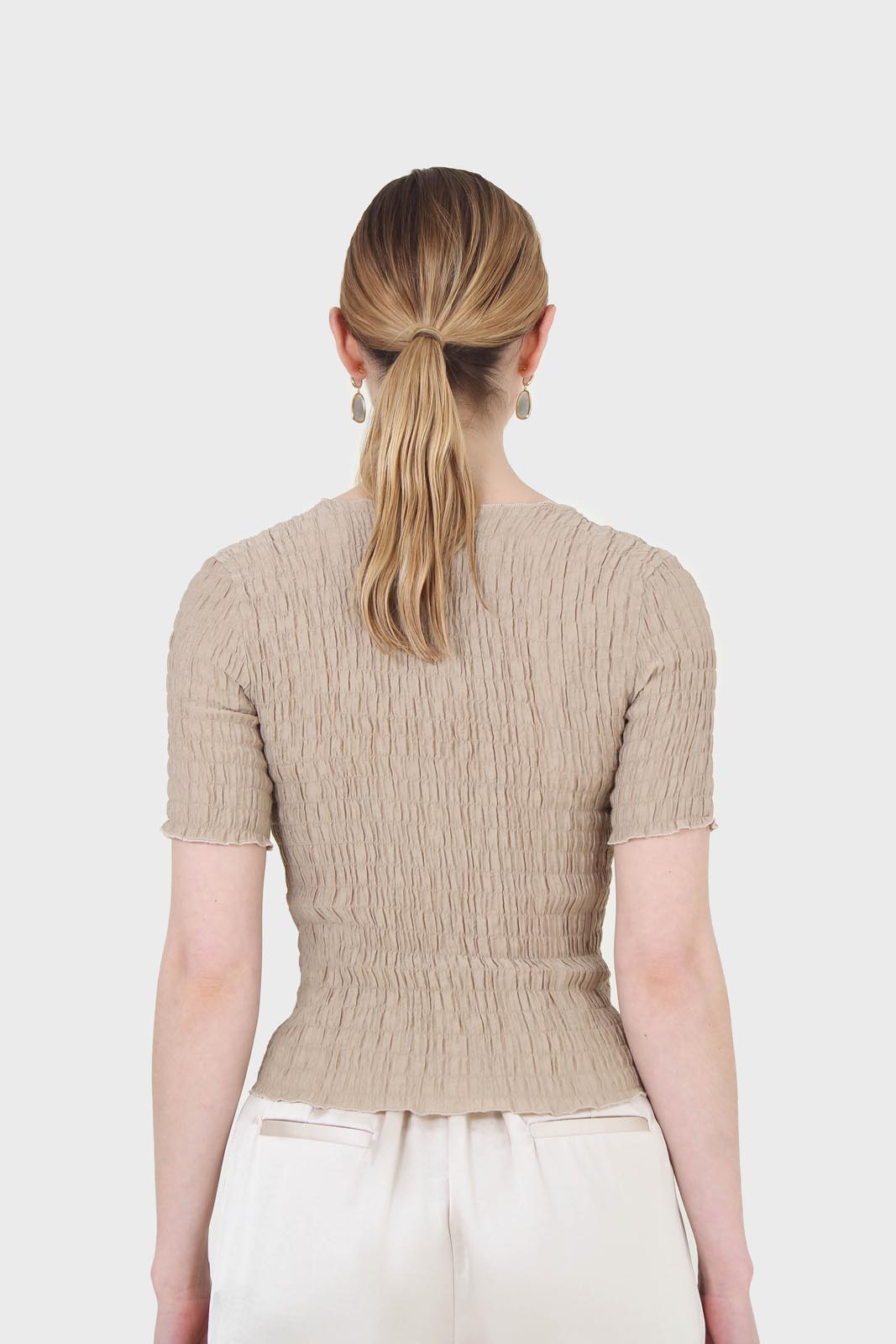 Beige smocked fitted short sleeved top_2