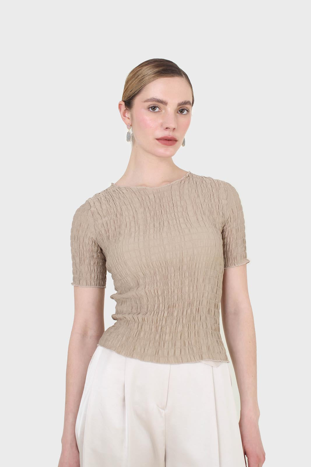 Beige smocked fitted short sleeved top_6