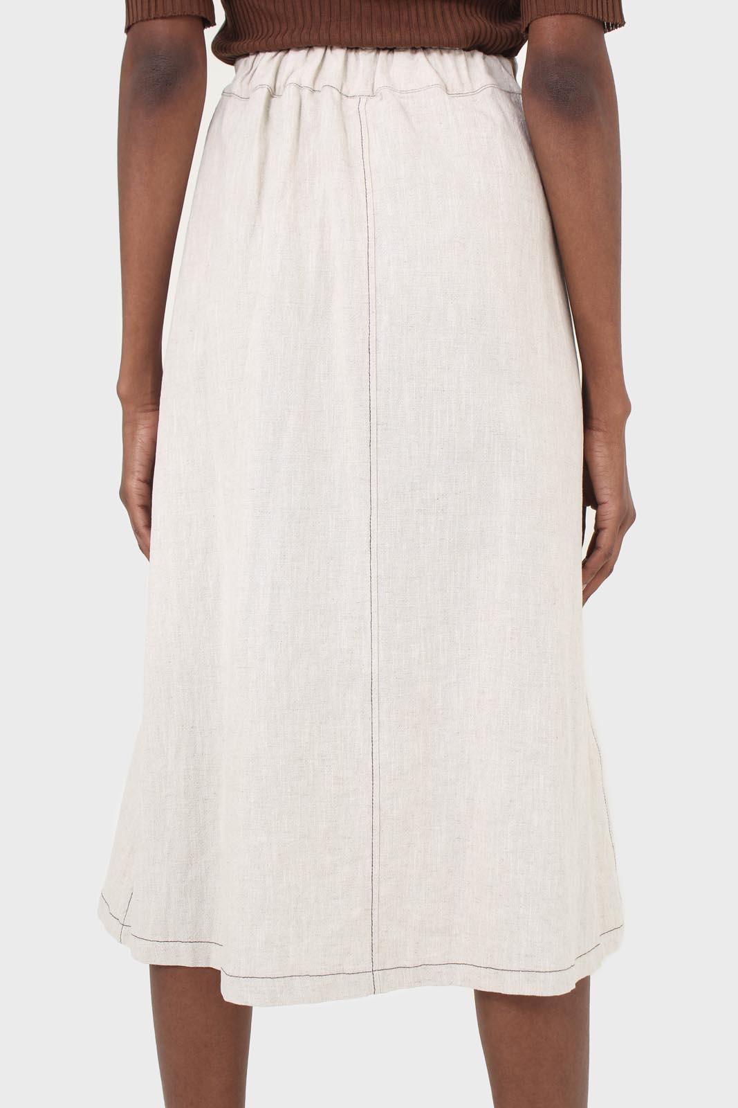 Beige contrast stitch patch pocket midi skirt_3