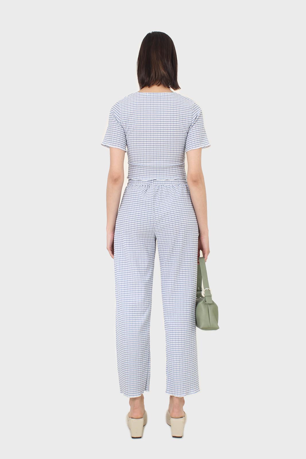 Blue gingham ruched neck tee_10