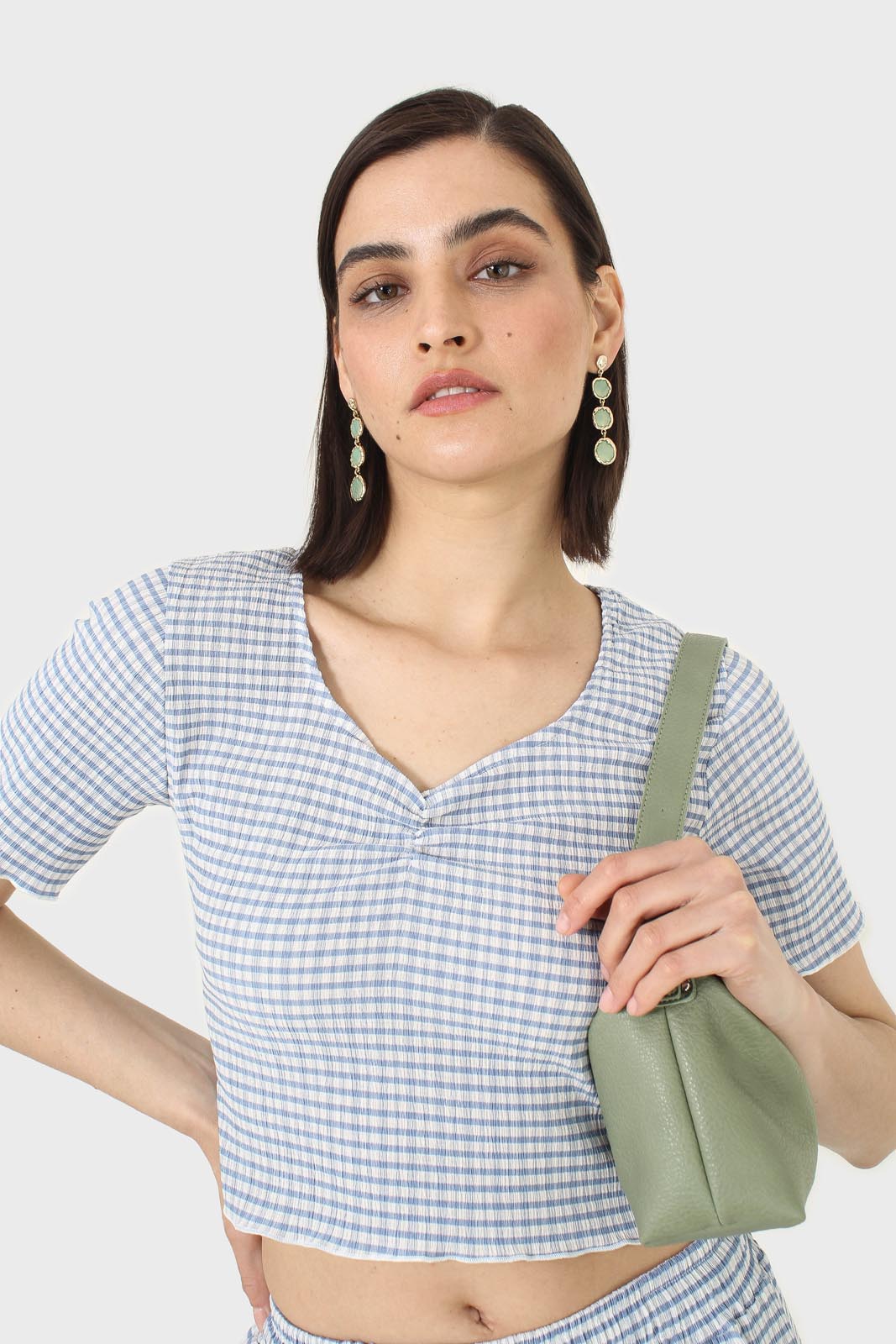 Blue gingham ruched neck tee_4
