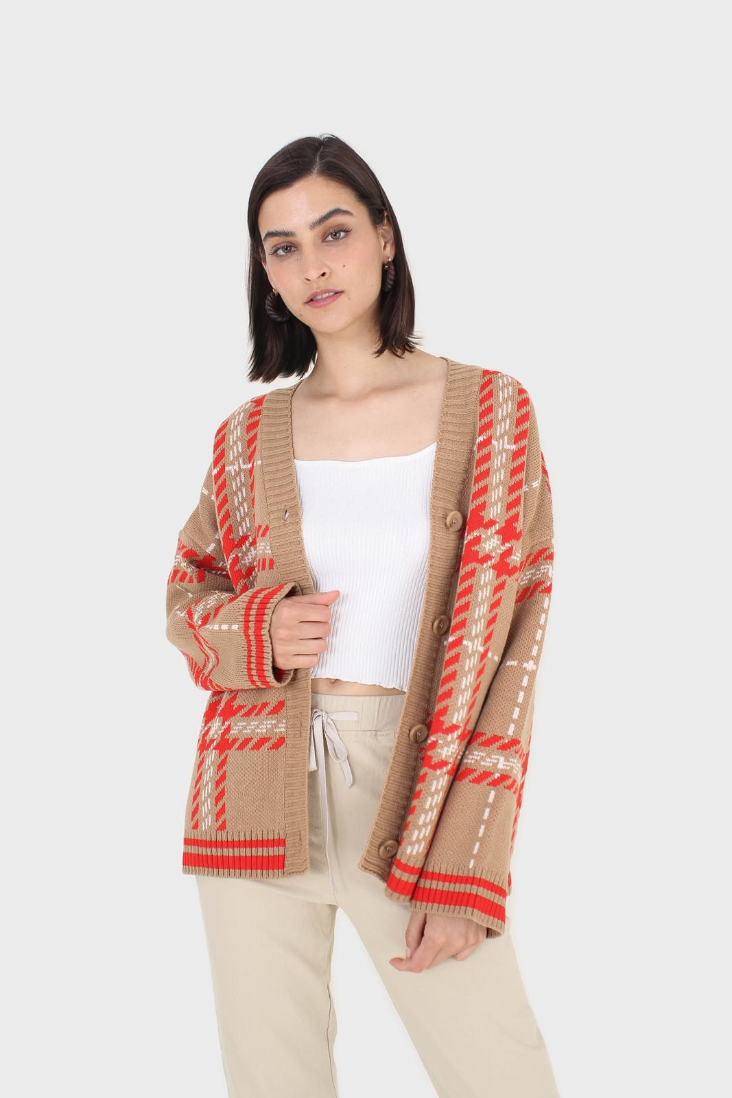 Camel and orange bold checked cardigan_5