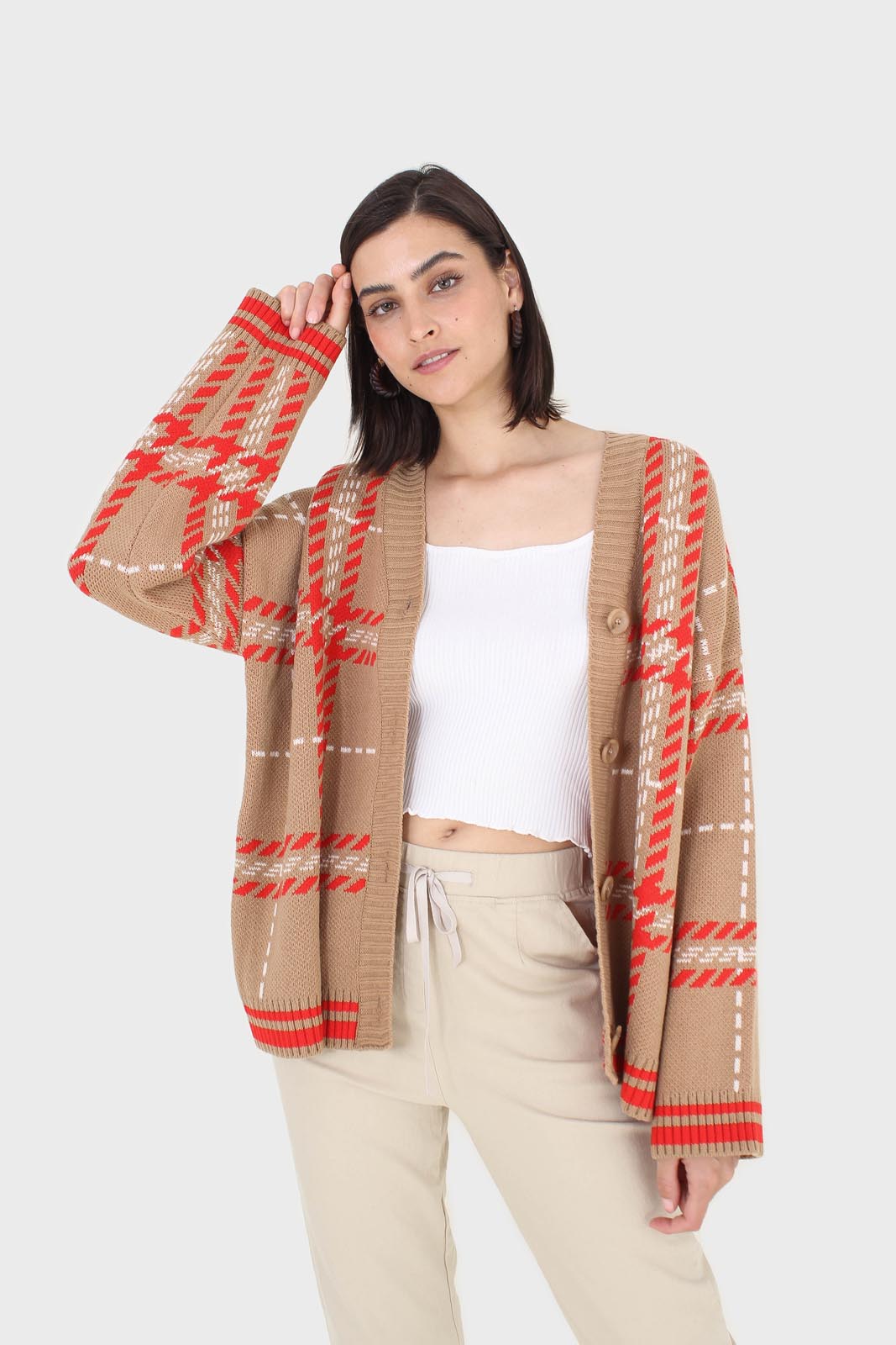 Camel and orange bold checked cardigan_10