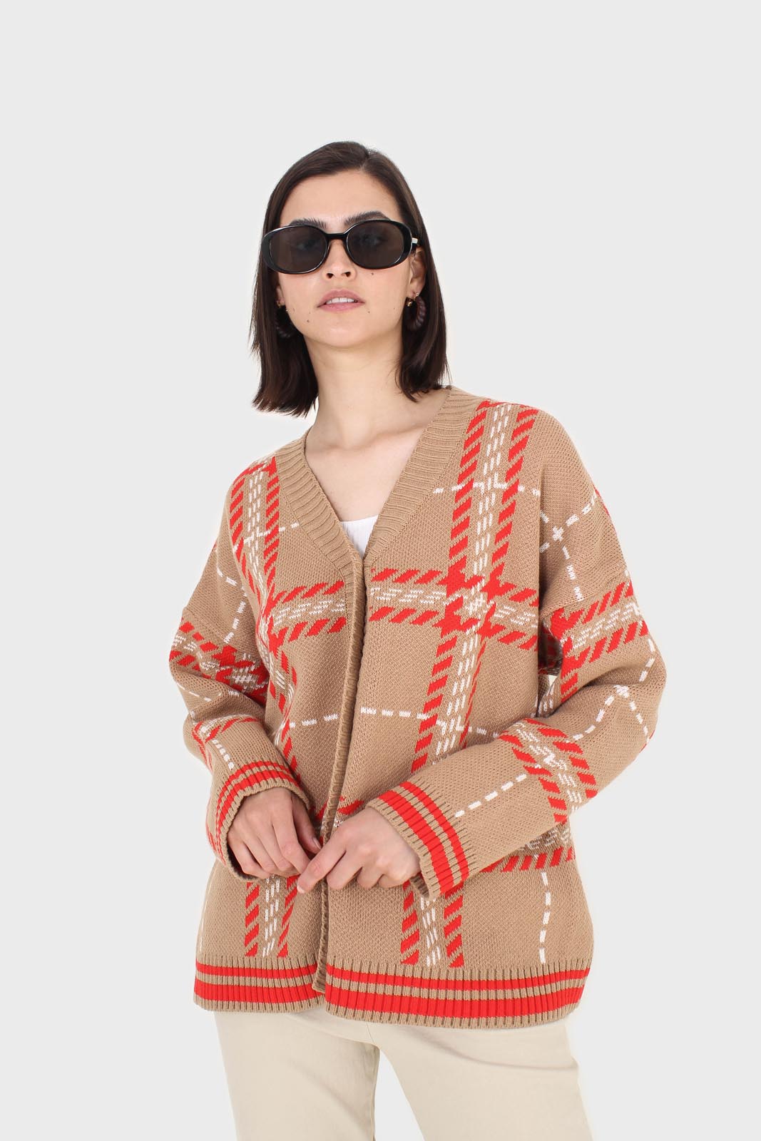 Camel and orange bold checked cardigan_8