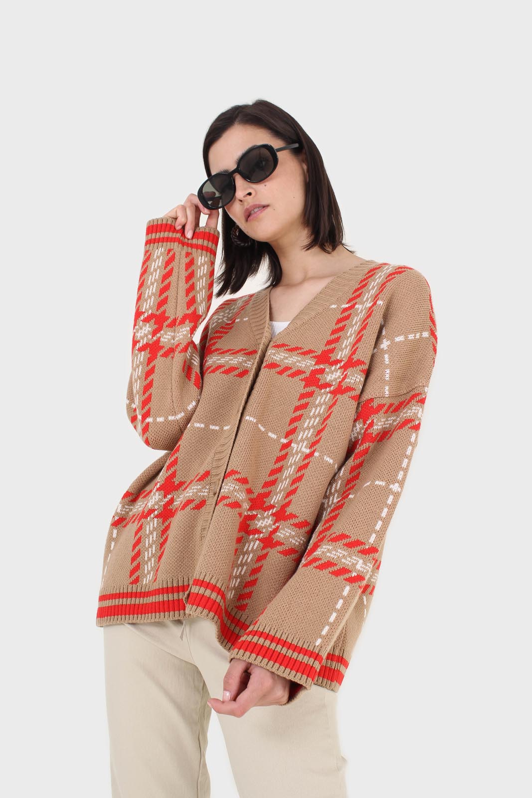 Camel and orange bold checked cardigan_11