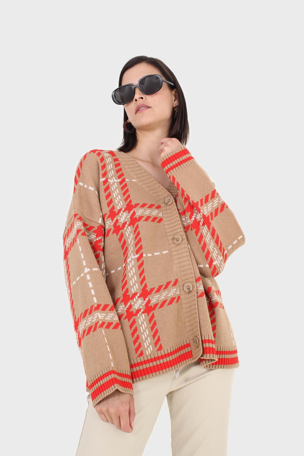 Camel and orange bold checked cardigan_2