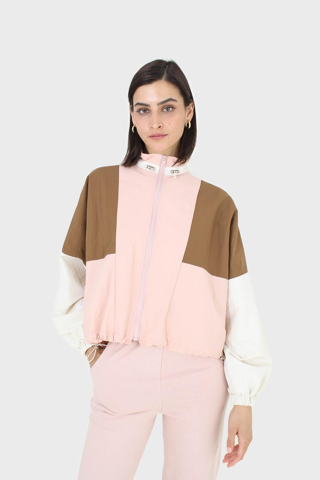 Pink and khaki colorblock nylon windbreaker_1