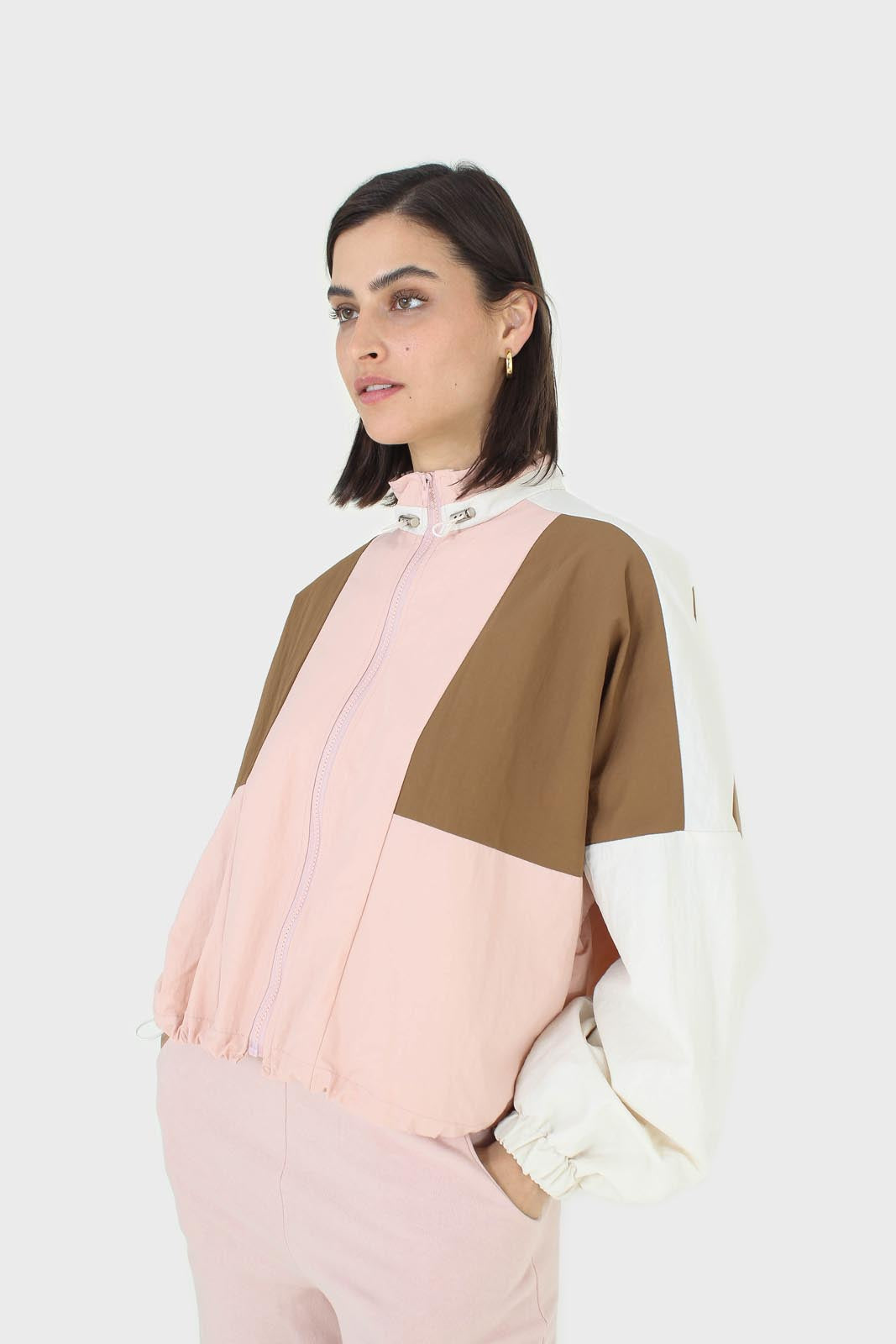 Pink and khaki colorblock nylon windbreaker_9